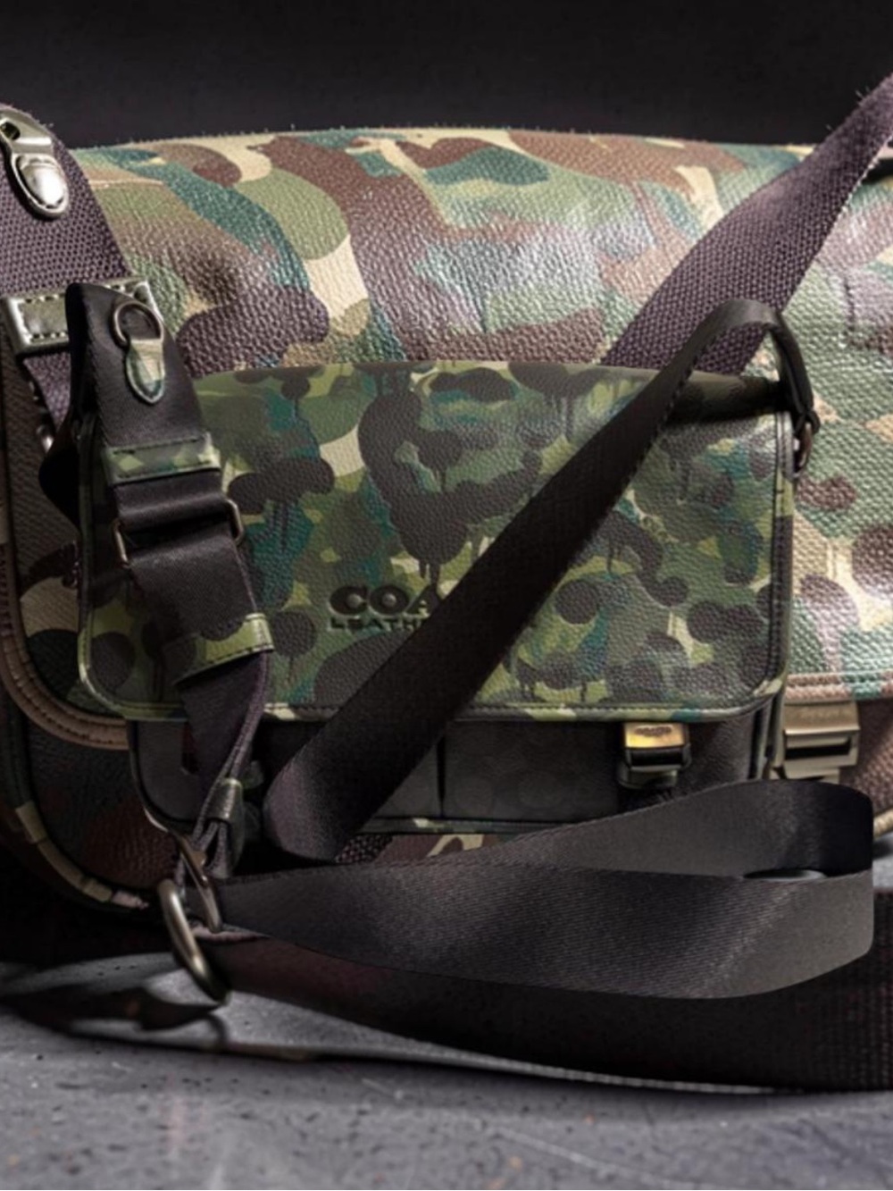 Coach Men’s Camouflage Leather Messenger Bag in Green and Black